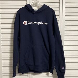 Champion hoodie navy with gray lined hood!